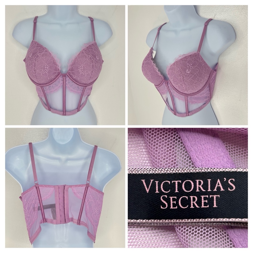 Victoria’s Secret 34C Lavender Lace Bustier Bralette Bra‎ Floral Mesh Very Sexy